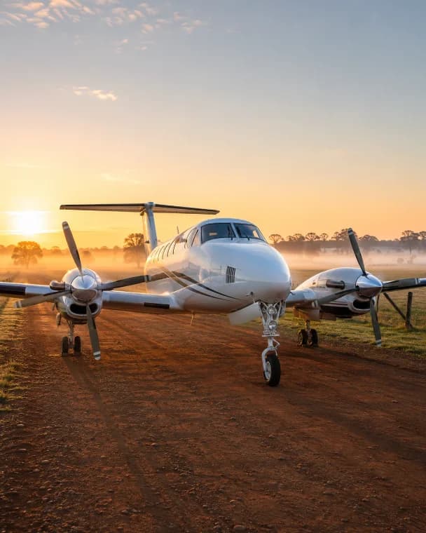 Avião turboélice em uma pista de terra ao amanhecer
